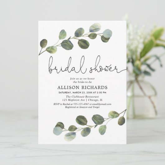 Eukalyptus wassercolor, einfaches modernes Brautpa Einladung (Stehend Vorderseite)