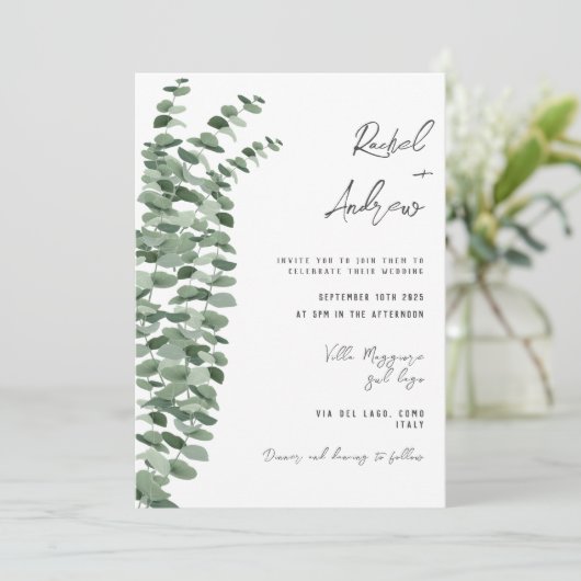 Eukalyptus wassercolor Elegante Hochzeitsstimmung Einladung (Stehend Vorderseite)