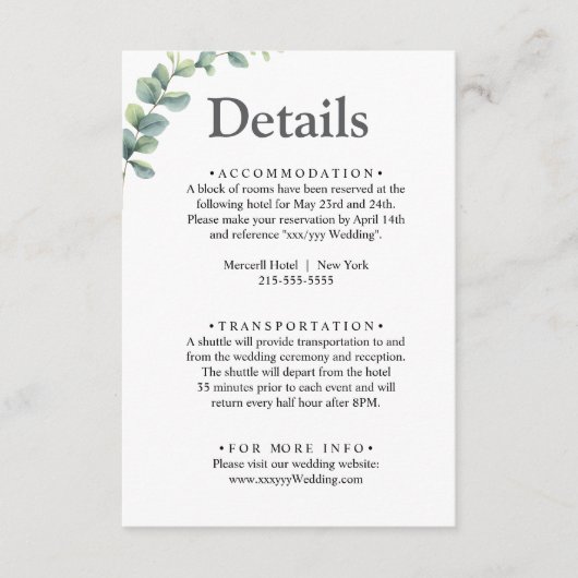 Eukalyptus wassercolor Rustikale Hochzeit Begleitkarte (Vorderseite)