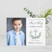 Eukalyptus-Wasserfarbe Erste Kommune Silberes Foto Einladung (Stehend Vorderseite)