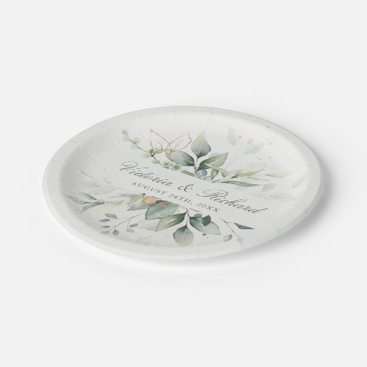 Eukalyptus Wasserfarben Elegante Botanische Hochze Pappteller (Schrägansicht)
