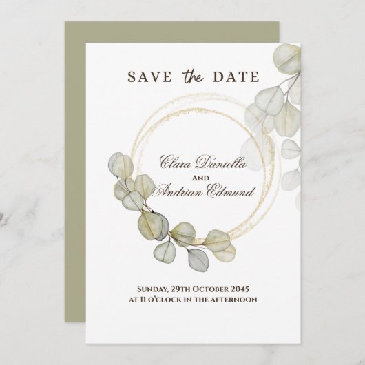 Eukalyptus-Wasserfarben Save the Date (Vorne/Hinten)