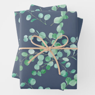 Eukalyptus-Wasserfarbenzweige auf Navy Blue Geschenkpapier Set