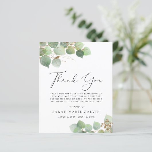 Eukalyptus Watercolor Beerdigung Danke Karte (Stehend Vorderseite)
