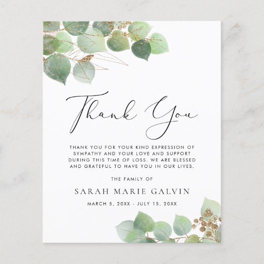 Eukalyptus Watercolor Beerdigung Danke Karte (Vorderseite)