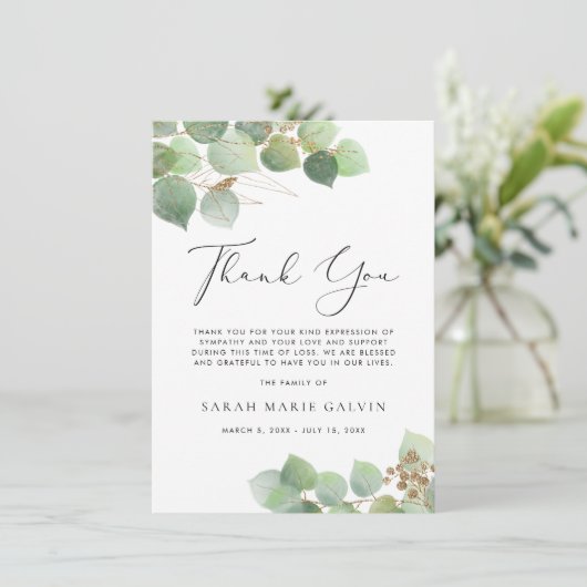 Eukalyptus Watercolor Beerdigung Dankeskarte (Stehend Vorderseite)