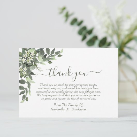 Eukalyptus Watercolor Beerdigung im liebenen Gedäc Dankeskarte (Stehend Vorderseite)
