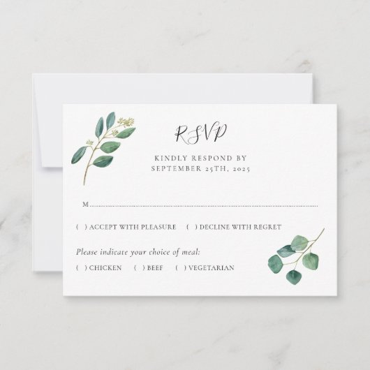 Eukalyptus Watercolor-Blätter Botanische Hochzeit RSVP Karte (Vorderseite)