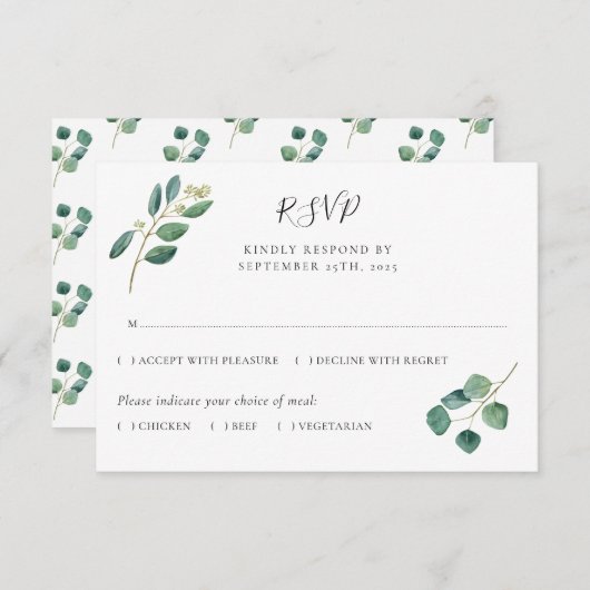 Eukalyptus Watercolor-Blätter Botanische Hochzeit RSVP Karte (Vorne/Hinten)