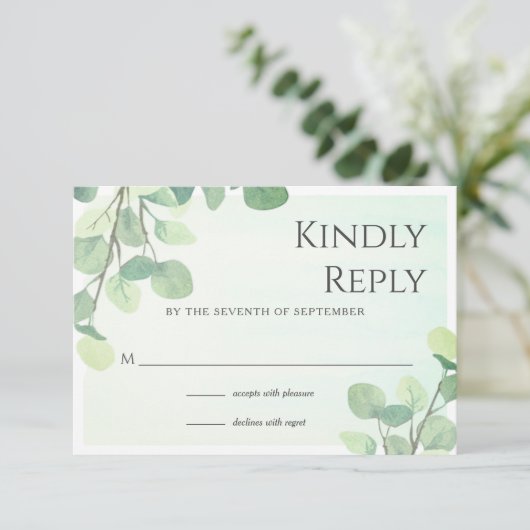 Eukalyptus Watercolor Floral Wedding RSVP Card (Stehend Vorderseite)