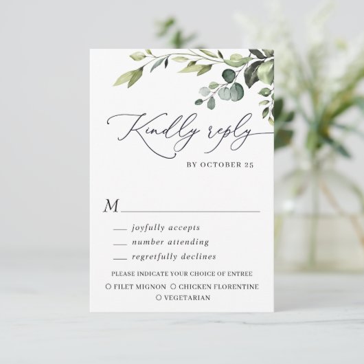 Eukalyptus Watercolor Floral Wedding RSVP Karte (Stehend Vorderseite)