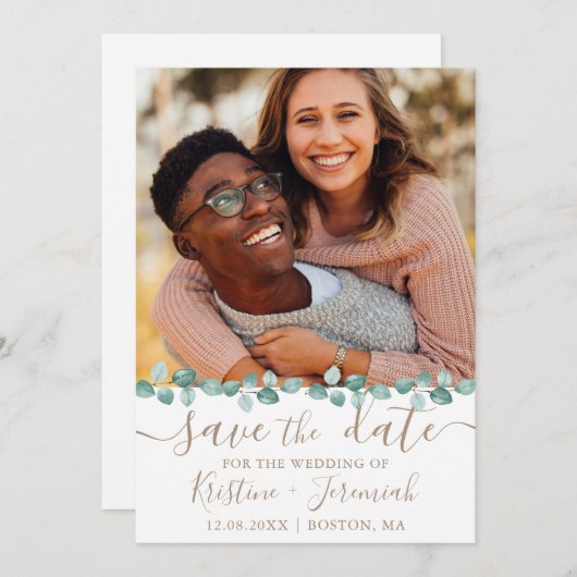 Eukalyptus Watercolor Foto Hochzeit Save The Date (Vorne/Hinten)