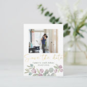 Eukalyptus Watercolor Foto Save the Date Ankündigungspostkarte (Stehend Vorderseite)