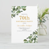 Eukalyptus Watercolor Gold Script zum 70. Geburtst Einladung (Stehend Vorderseite)