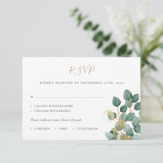 Eukalyptus Watercolor Gold Wedding RSVP Card (Stehend Vorderseite)