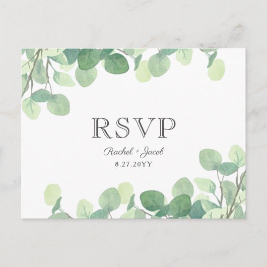 Eukalyptus Watercolor Greenerenerity Wedding RSVP Postkarte (Vorderseite)