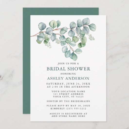 Eukalyptus Watercolor Grünes Brautparty Einladung (Vorne/Hinten)