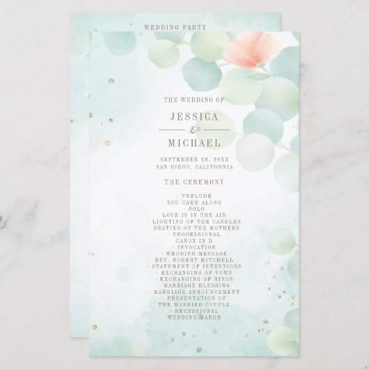 Eukalyptus Watercolor-Hochzeitsprogramm für Monogr (Vorne/Hinten)