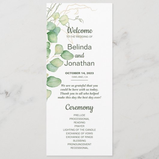 Eukalyptus Watercolor Minimalistische Hochzeitspro Programm (Vorderseite)