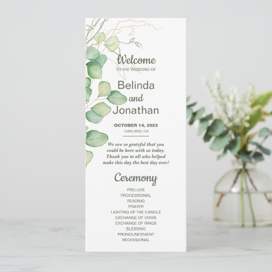 Eukalyptus Watercolor Minimalistische Hochzeitspro Programm (Stehend Vorderseite)