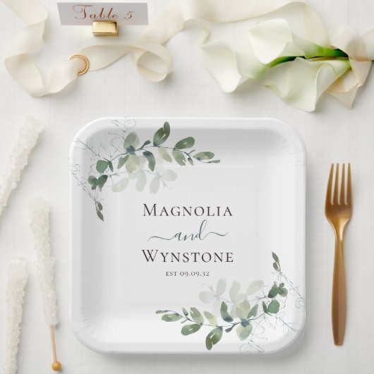 Eukalyptus Watercolor Monogram Pappteller (Hochzeit)