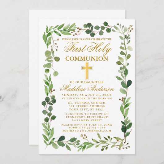 Eukalyptus-Watercolor-Rahmen erste Kommune Gold Einladung (Vorne/Hinten)