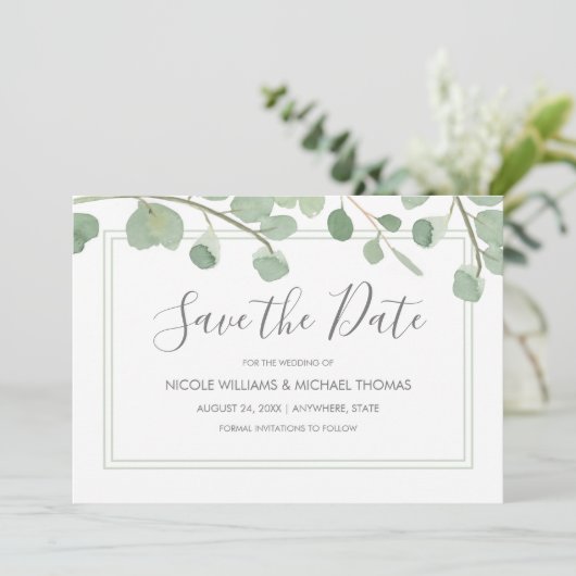 Eukalyptus Watercolor Save The Date (Stehend Vorderseite)