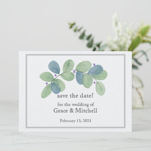 Eukalyptus Watercolor Save The Date (Stehend Vorderseite)