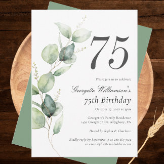 Eukalyptus Watercolor Script 75. Geburtstag Einladung