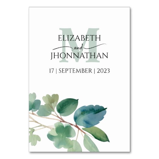 Eukalyptus Watercolor Script Wedding Monogram Tischnummer (Rückseite)