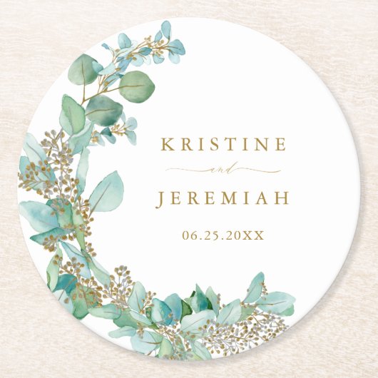 Eukalyptus Watercolor Wedding Runder Pappuntersetzer (Vorderseite)