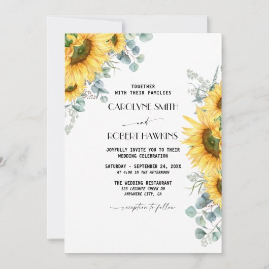 Eukalyptus Watercolor Wedding Rustic Sunflower Einladung (Vorderseite)