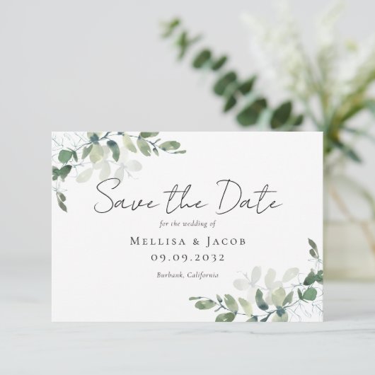 Eukalyptus Watercolor Wedding Save The Date (Stehend Vorderseite)