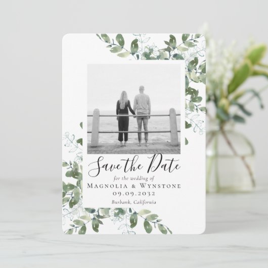 Eukalyptus Watercolor Wedding Save the Date (Stehend Vorderseite)