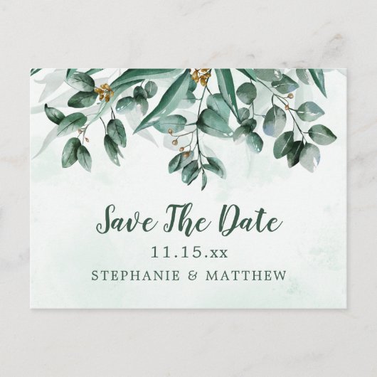 Eukalyptus Watercolor Wedding Save the Date Ankündigungspostkarte (Vorderseite)