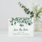 Eukalyptus Watercolor Wedding Save the Date Ankündigungspostkarte (Stehend Vorderseite)
