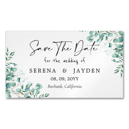 Eukalyptus Watercolor Wedding Save the Date Magnetische Visitenkarte (Vorderseite)