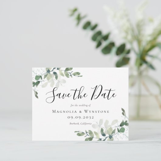 Eukalyptus Watercolor Wedding Save the Date Postkarte (Stehend Vorderseite)