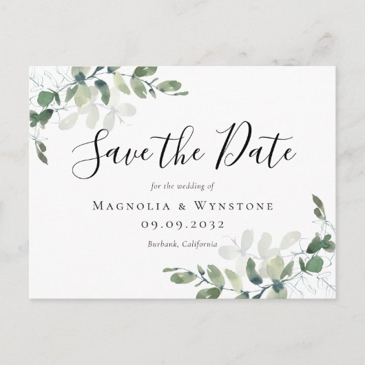 Eukalyptus Watercolor Wedding Save the Date Postkarte (Vorderseite)
