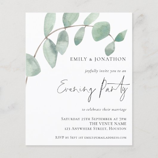 Eukalyptus Wedding Abend Party Einladung (Vorderseite)