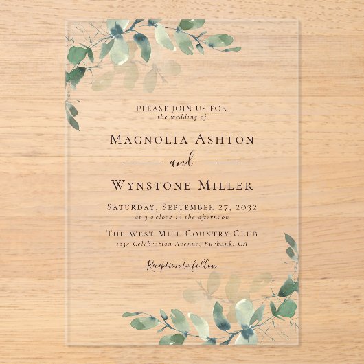 Eukalyptus Wedding Acryleinladungen (Vorderseite)