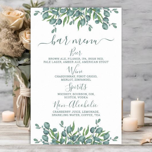Eukalyptus Wedding Bar Personalisiert Drink Menu Poster