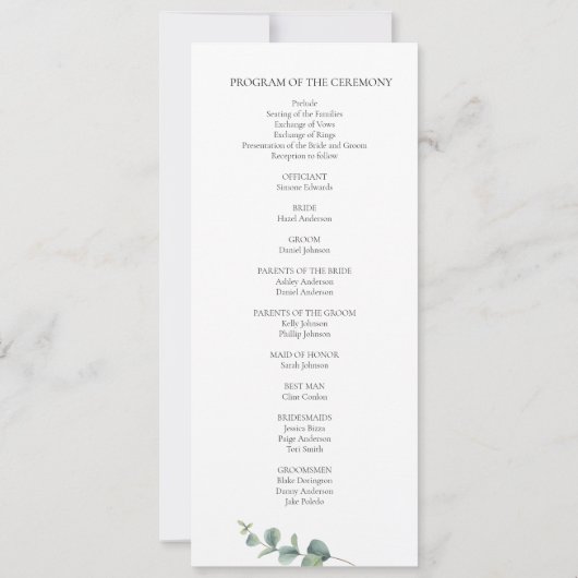 Eukalyptus Wedding Ceremony Program Card (Rückseite)