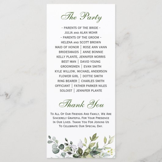 Eukalyptus Wedding Ceremony Programm (Rückseite)