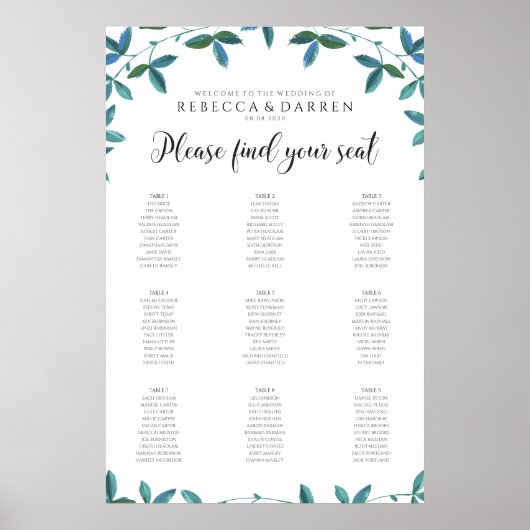 Eukalyptus Wedding Chart mit 9 Tischen Poster (Vorne)