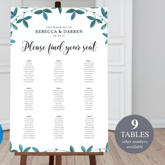 Eukalyptus Wedding Chart mit 9 Tischen Poster