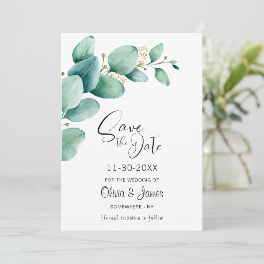 Eukalyptus Wedding Custom Foto Save The Date (Stehend Vorderseite)
