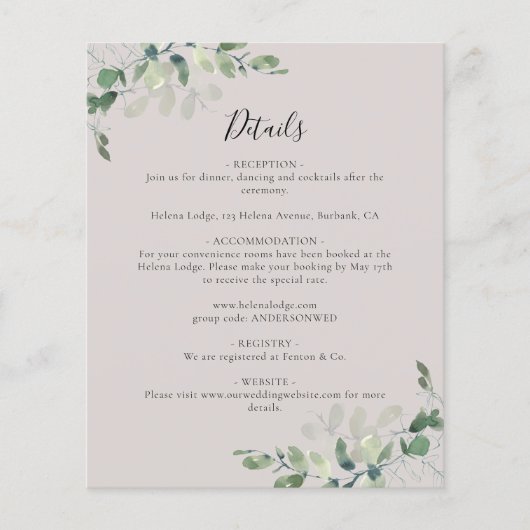 Eukalyptus Wedding Details Eintrittskarte (Vorderseite)