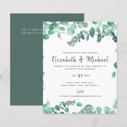 Eukalyptus Wedding Einladung Budget Grüne Leaf (Vorne/Hinten)