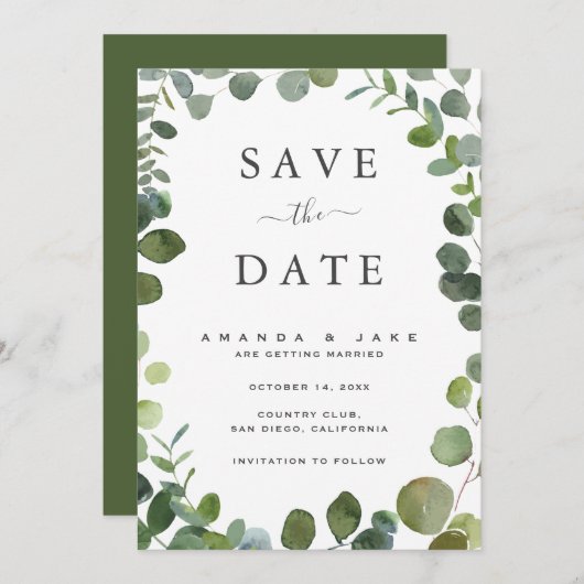 Eukalyptus Wedding Flat Save the Date Card (Vorne/Hinten)
